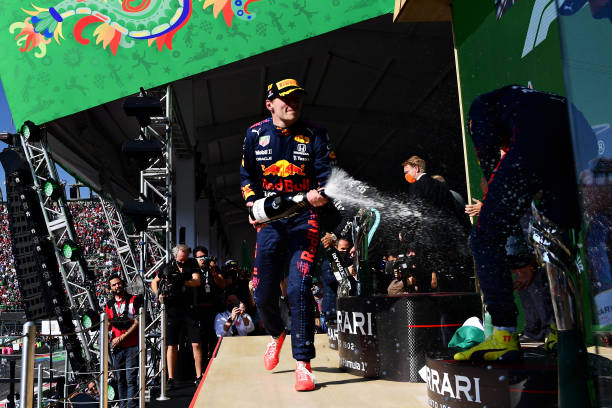 Race winner Max Verstappen of Netherlands and Red Bull Racing celebrates on the podium during the F1 Grand Prix of Mexico at Autodromo Hermanos...