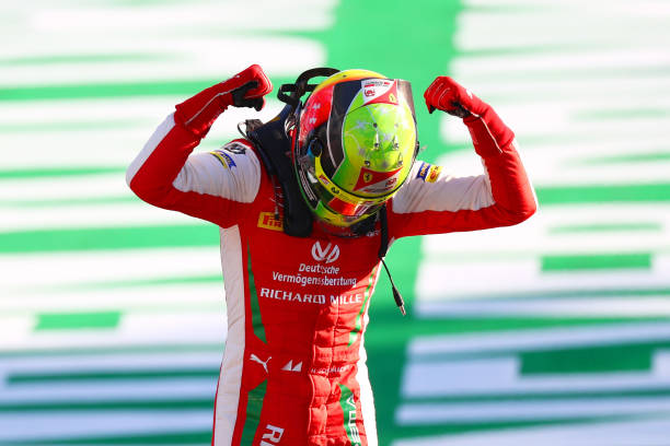 Race winner Mick Schumacher of Germany and Prema Racing celebrates in Parc ferme during the feature race for the Formula 2 Championship at Autodromo...