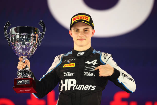 Race winner Oscar Piastri of Australia and Prema Racing celebrates on the podium during the feature race of Round 7:Jeddah of the Formula 2...