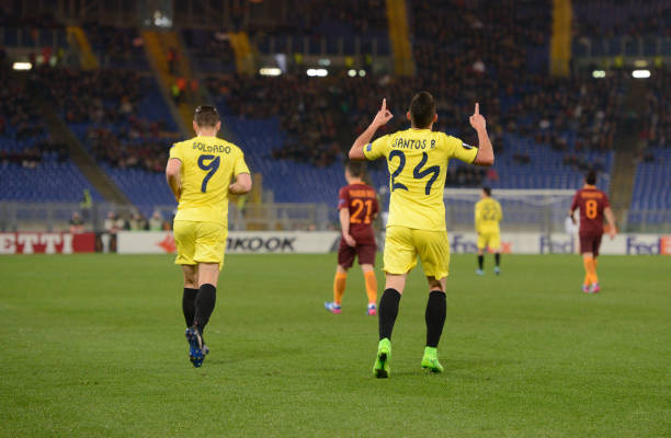 Rafael Borré kicks goal 0-1 during the Europe League football match A.S. Roma vs Villarreal at the Olympic Stadium in Rome, on february 23, 2017.