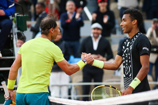 Rafael Nadal against Felix Auger-Aliassime on Philipe Chatrier court in the 2022 French Open 4th Round.