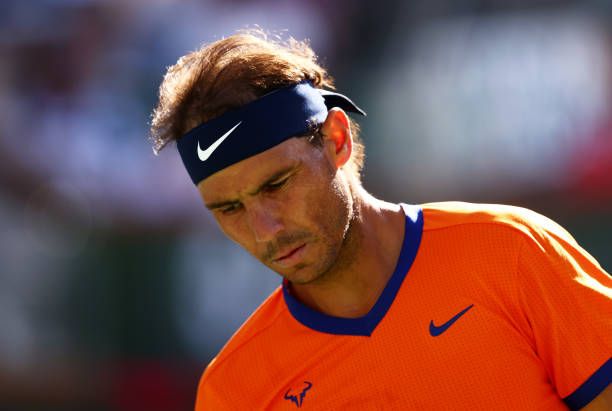 Rafael Nadal of Spain shows his dejection against Taylor Fritz of the United States in the men's Final on Day 14 of the BNP Paribas Open at the...