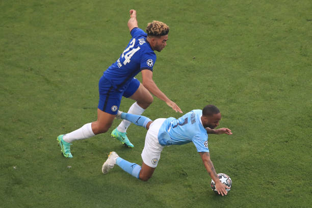 Raheem Sterling of Manchester City is challenged by Reece James of Chelsea during the UEFA Champions League Final between Manchester City and Chelsea...