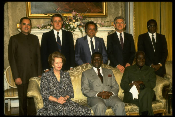 Rajiv Gandhi Brian Mulroney SS Ramphal Robert Hawke Robert Mugabe Margaret Thatcher Lynden Pindling Kenneth Kaunda at Commonwealth meeting re South...