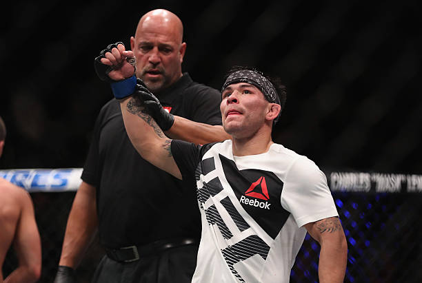 Ray Borg reacts to his victory over Louis Smolka in their flyweight bout during the UFC 207 event on December 30, 2016 in Las Vegas, Nevada.