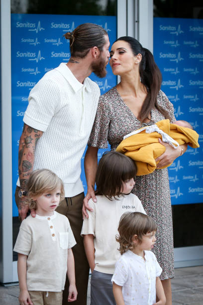 Real Madrid player Sergio Ramos and his wife Pilar Rubio present their new born child Maximo Adriano at La Moraleja Hospital on July 28 2020 in...