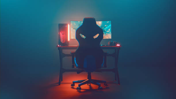 rear view of a gaming setup with desktop pc and a big monitor - game stock pictures, royalty-free photos & images