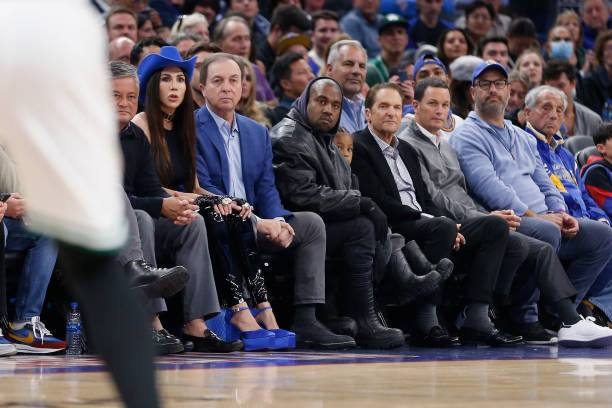 Recording artist Kanye West looks on during the game between the Golden State Warriors and the Boston Celtics at Chase Center on March 16, 2022 in...