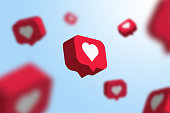 Red social media notification like icon falling . Follow, comment, like icon. - 3D Rendering
