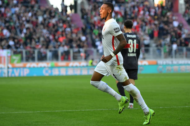 Reece Oxford of FC Augsburg celebrates after scoring his team's first goal during the Bundesliga match between FC Augsburg and VfB Stuttgart at...