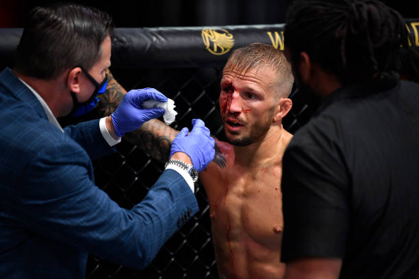 Referee Herb Dean calls for the doctor to check on a cut near the eye of T.J. Dillashaw in his bantamweight fight against Corey Sandhagenduring the...