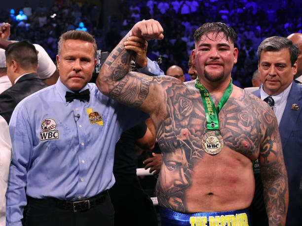 Referee Thomas Taylor lifts the arm up of Andy Ruiz Jr. After his unanimous decision win over Luis Ortiz during a WBC world heavyweight title...