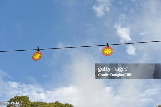 power lines with reflective safety signs