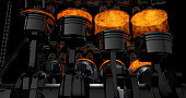 3D Rendering of V8 engine with explosions