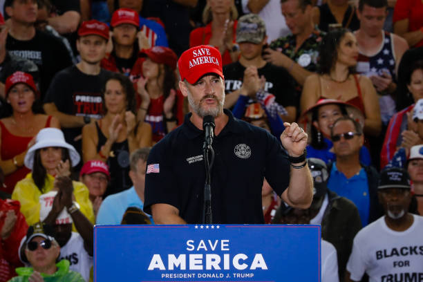 Rep. Greg Steube speaks during a rally on July 3, 2021 in Sarasota, Florida. Co-sponsored by the Republican Party of Florida, the rally marks Trump's...