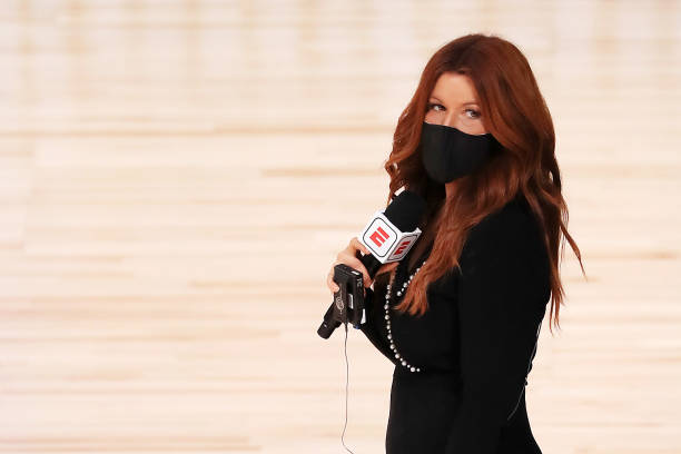Reporter Rachel Nichols stands on the court before a game between the Houston Rockets and the Dallas Mavericks at The Arena at ESPN Wide World Of...