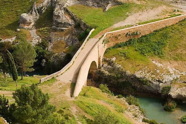 Restored Medieval Stone Bridge leading to the Castle at Alarc?n, Cuenca, Castilla, La Mancha, Spain  