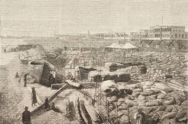Rice bags on the beach at Madras, the famine in India, illustration from the magazine The Graphic, volume XV, no 385, April 14, 1877.