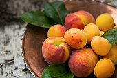Ripe peaches and apricots on a copper plate and the textural natural wooden background
