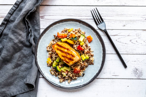 roasted salmon with wild rice and vegetables picture