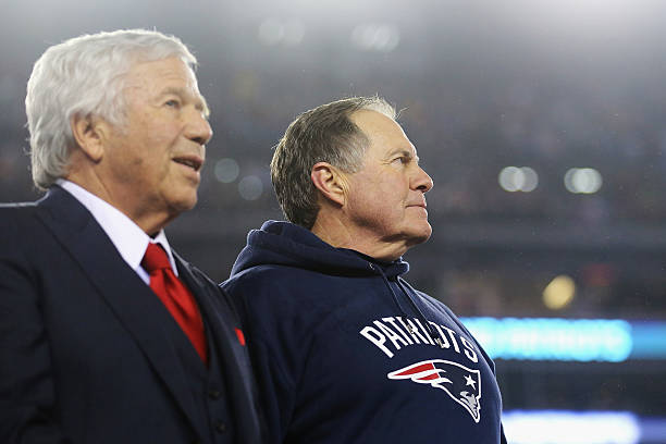 Robert Kraft, owner and CEO of the New England Patriots , and head coach Bill Belichick of the New England Patriots look on after defeating the...