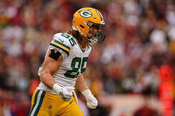 Robert Tonyan of the Green Bay Packers reacts to a play against the Washington Commanders during the second half of the game at FedExField on October...