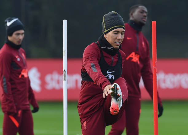 Roberto Firmino of Liverpool during a training session at AXA Training Centre on December 24, 2021 in Kirkby, England.