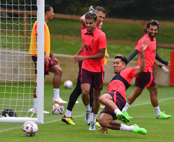 Roberto Firmino of Liverpool during a training session at AXA Training Centre on August 04, 2022 in Kirkby, England.