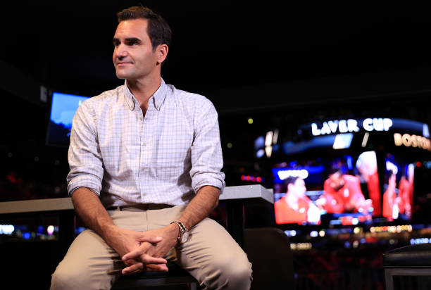 Roger Federer looks on during an interview with Andy Roddick during Day 2 of the 2021 Laver Cup at TD Garden on September 25, 2021 in Boston,...