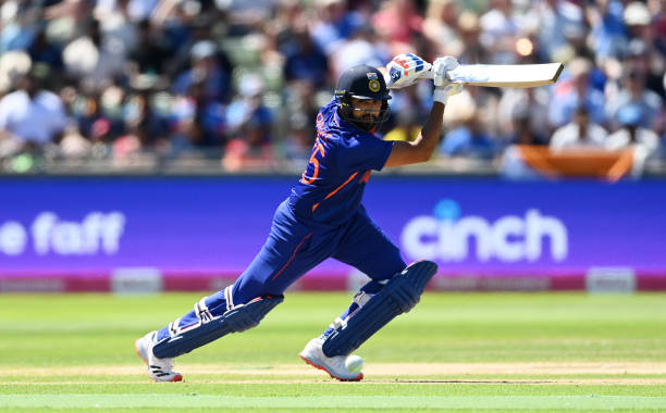 Rohit Sharma of India hits runs during the 2nd Vitality IT20 between England and India at Edgbaston on July 09, 2022 in Birmingham, England.