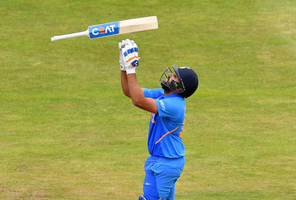 Rohit Sharma of India in celebrates his century during the Group Stage match of the ICC Cricket World Cup 2019 between Bangladesh and India at...