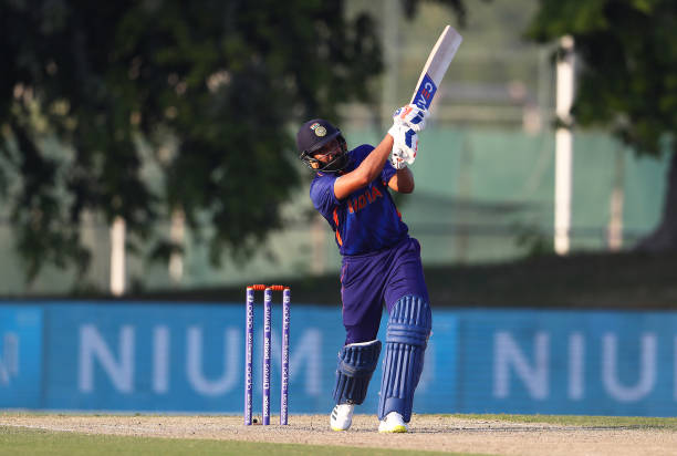 Rohit Sharma of India plays a shot during the India and Australia warm Up Match prior to the ICC Men's T20 World Cup at on October 20, 2021 in Dubai,...