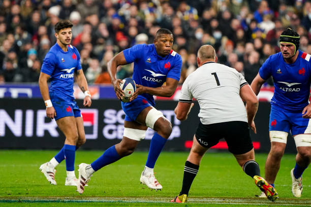 Romain NTAMACK of France, Cameron WOKI of France and Gregory ALLDRITT of France during the Autumn Nations Series match between France and New Zealand on November 20, 2021 in Paris, France. (Photo by Hugo Pfeiffer/Icon Sport via Getty Images)