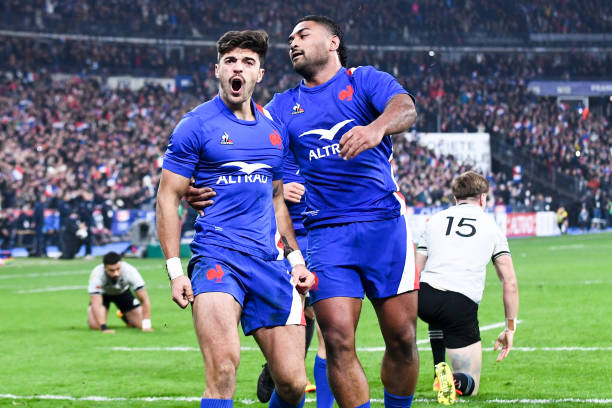 Romain NTAMACK of Francecelebrates with teammates during the Autumn Nations Series match between France and New Zealand on November 20, 2021 in Paris, France. (Photo by Philippe Lecoeur/FEP/Icon Sport via Getty Images)