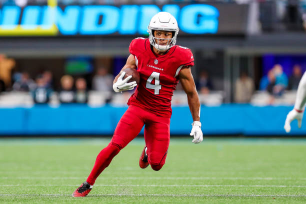 Rondale Moore of the Arizona Cardinals runs the ball after making a catch during a football game between the Carolina Panthers and the Arizona...