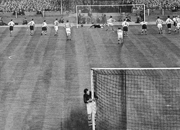 Ronnie Allen of West Bromwich Albion scores a penalty during the FA Cup final against Preston North End at Wembley, 1st May 1954. WBA goalkeeper...