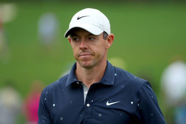 Rory McIlroy of Northern Ireland looks on during a practice round prior to the Masters at Augusta National Golf Club on April 06, 2022 in Augusta,...