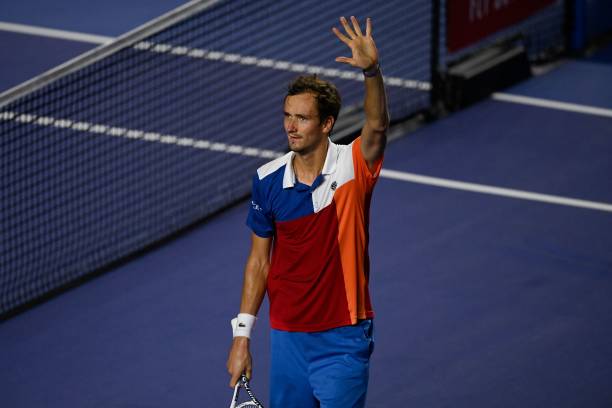 Russia's Daniil Medvedev celebrates after beating Spain's Pablo Andujar during their Mexico ATP Open 500 men's singles tennis match at the Arena GNP,...