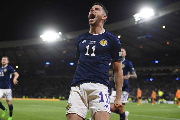 Ryan Christie celebrates after scoring to make it 2-1 Scotland during a UEFA Nations League match between Scotland and Republic of Ireland at Hampden...