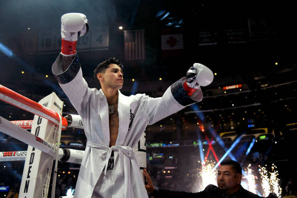 Ryan Garcia walks into the ring to fight Javier Fortuna at the Crypto.com Arena on July 16, 2022 in Los Angeles, United States.