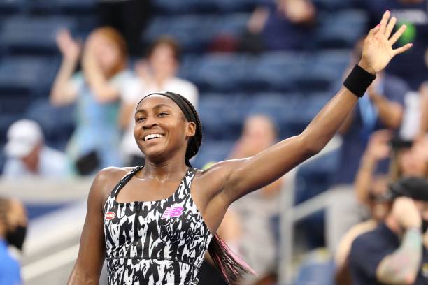 S Coco Gauff celebrates after winning her 2021 US Open Tennis tournament women's singles first round match against Poland's Magda Linette at the USTA...