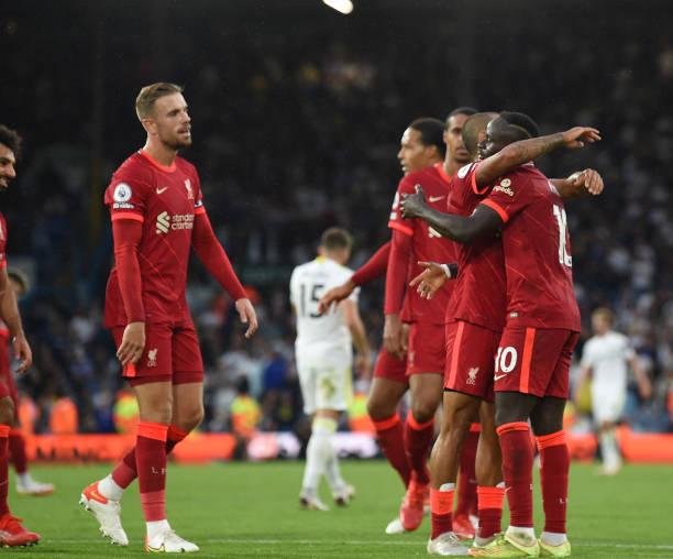 Sadio Mane of Liverpool celebrates after scoring the third goal during the Premier League match between Leeds United and Liverpool at Elland Road on...