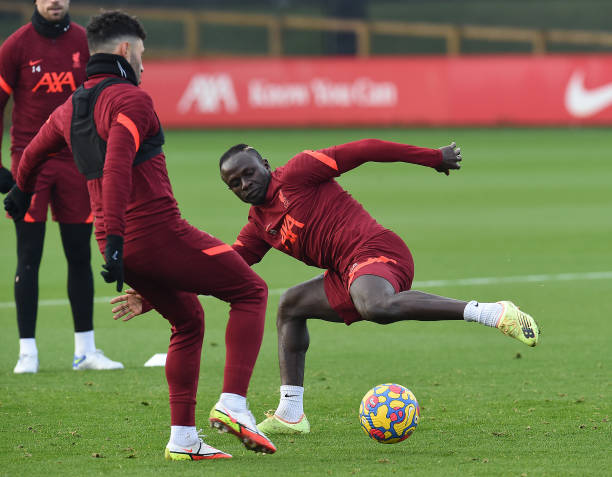 Sadio Mane of Liverpool during a training session at AXA Training Centre on December 24, 2021 in Kirkby, England.