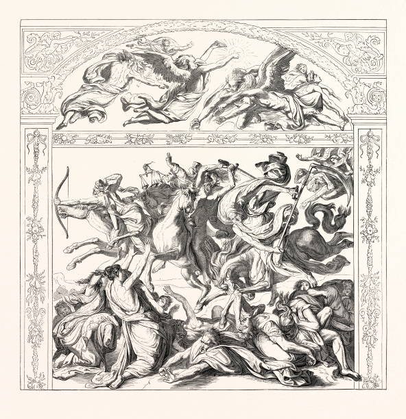 Salon Of 1855 Prussian School The Seven Angels And The Four Horsemen Of The Apocalypse By Pierre Cornelius Engraving