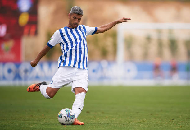 Salva Sevilla of Alaves passes the ball during the pre-season friendly match between Besiktas and Alaves at Estadio Camilo Cano on July 26, 2022 in...