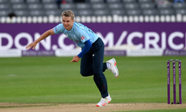 Sam Curran of England bowls during the third One Day International between England and Sri Lanka at Bristol County Ground on July 04, 2021 in...