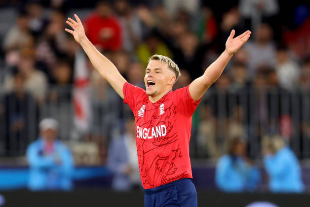 Sam Curren of England celebrates his 5th wicket during the ICC Men's T20 World Cup match between England and Afghanistan at Perth Stadium on October...