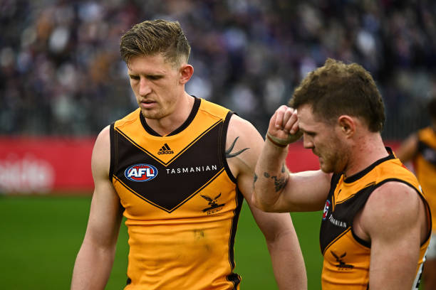 Sam Frost of the Hawks looks dejected after a loss during the 2022 AFL Round 13 match between the Fremantle Dockers and the Hawthorn Hawks at Optus...