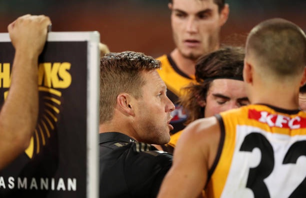 Sam Mitchell, Senior Coach of the Hawks during the 2022 AFL Round 02 match between the Port Adelaide Power and the Hawthorn Hawks at Adelaide Oval on...
