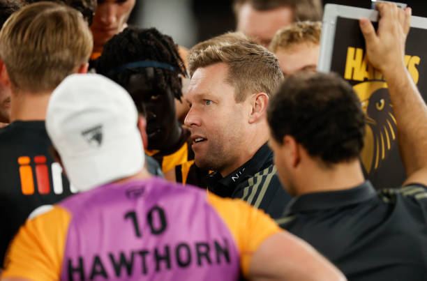 Sam Mitchell, Senior Coach of the Hawks looks on during the 2022 AFL Round 15 match between the Western Bulldogs and the Hawthorn Hawks at Marvel...